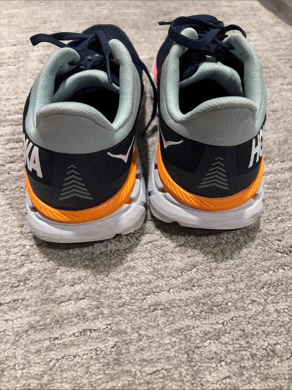 Hoka Navy Running Shoes with Orange and Coral Trim size 9.5